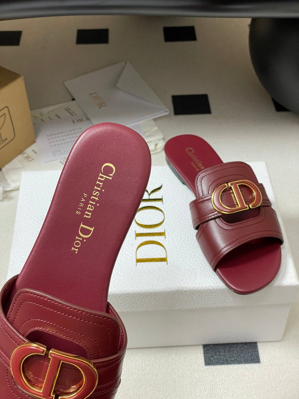 DIOR CLASSIC MONTAIGNE SANDALS 25S IN DARK RED LAMBSKIN WITH CD LOGO