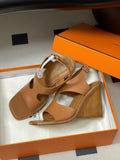 HERMES 25S KALYA WEDGE SANDAL 100 MM IN BROWN LAMBSKIN