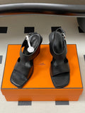 HERMES 25S KALYA WEDGE SANDAL 100 MM IN BLACK LAMBSKIN
