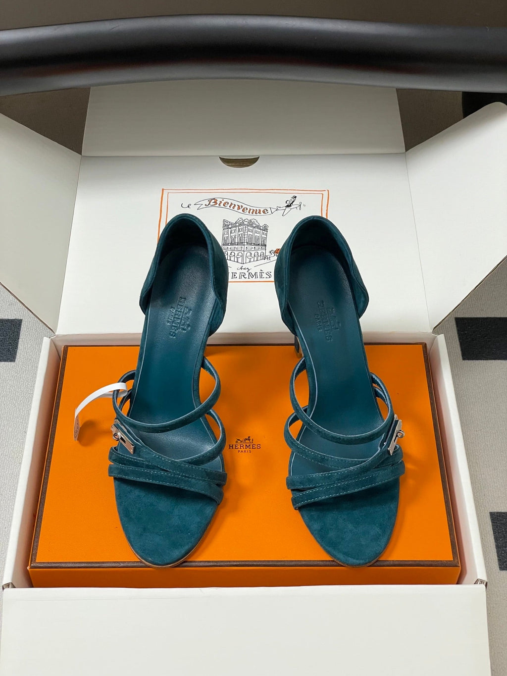 HERMES 25S HIGH-HEEL SANDAL 105 MM IN DARK BLUE SUEDE