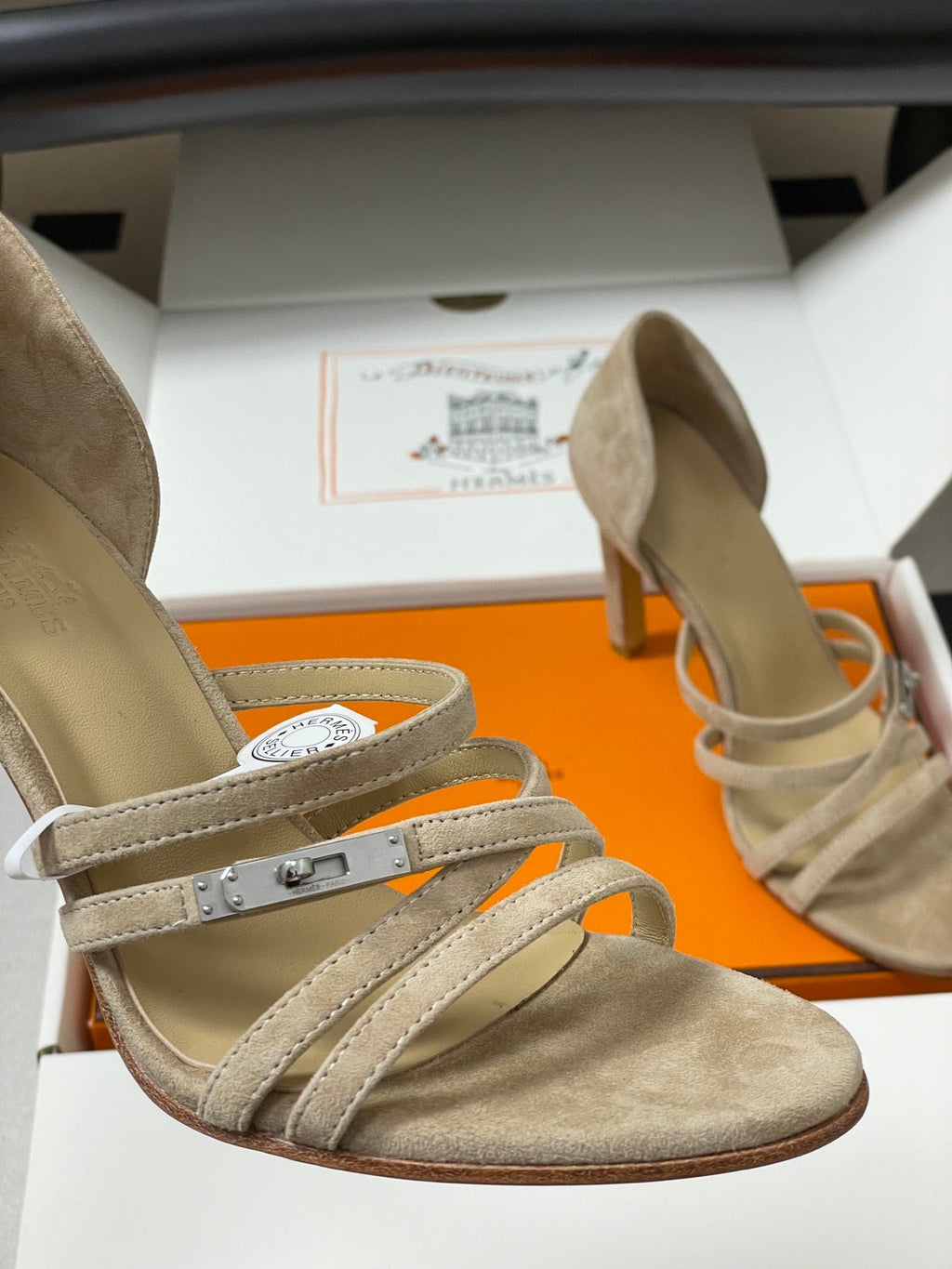 HERMES 25S HIGH-HEEL SANDAL 105 MM IN BEIGE SUEDE