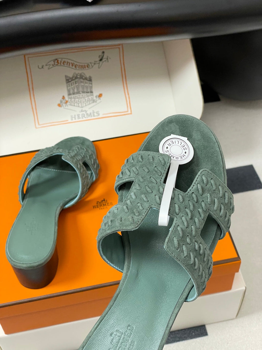 HERMES 25S ORAN HIGH‑HEEL SANDAL IN MUTED MINT GREEN SUEDE AND LAMBSKIN
