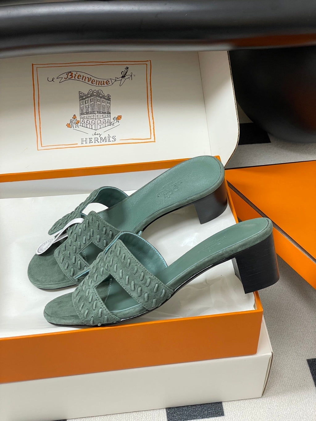HERMES 25S ORAN HIGH‑HEEL SANDAL IN MUTED MINT GREEN SUEDE AND LAMBSKIN