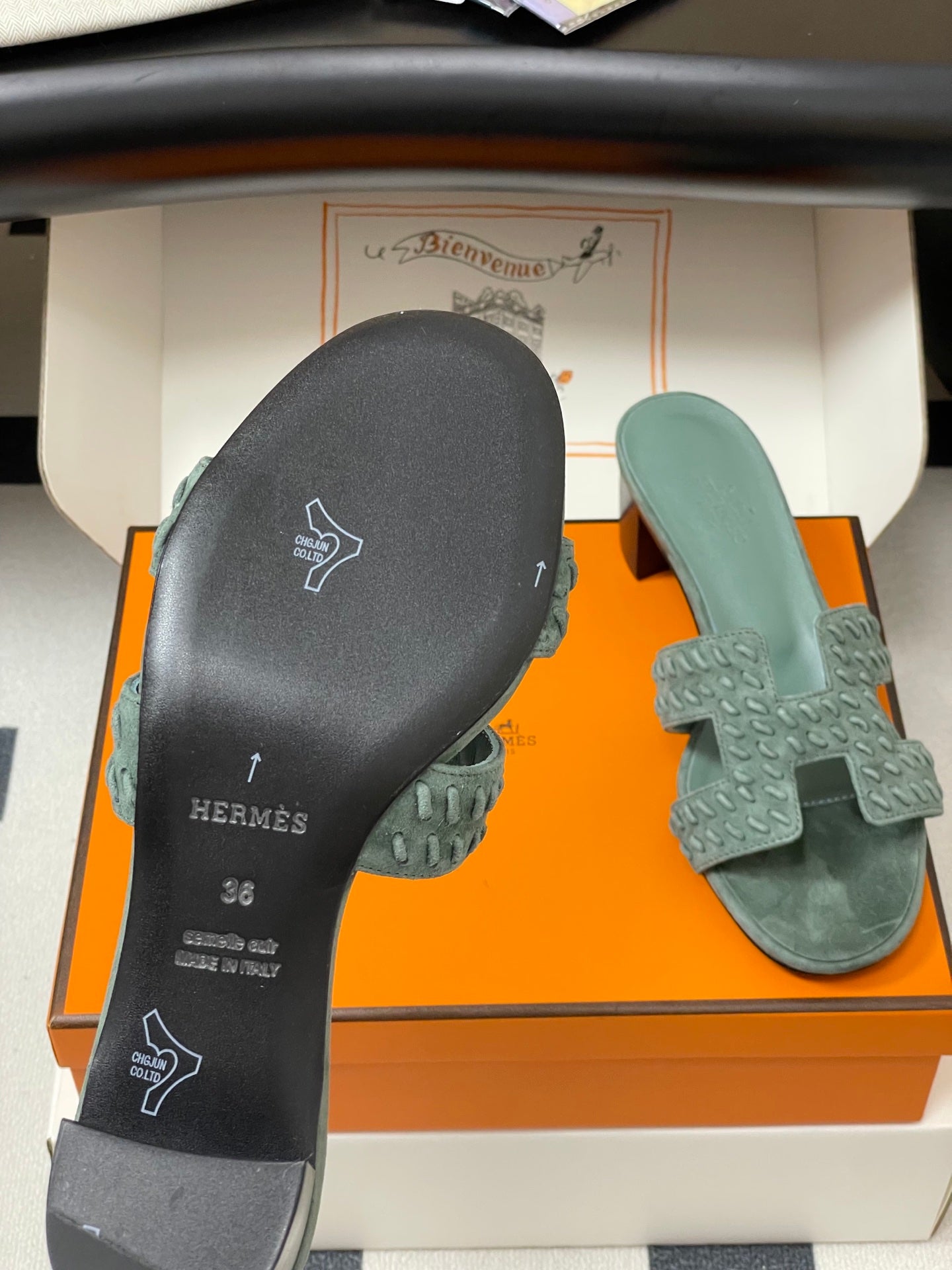 HERMES 25S ORAN HIGH‑HEEL SANDAL IN MUTED MINT GREEN SUEDE AND LAMBSKIN