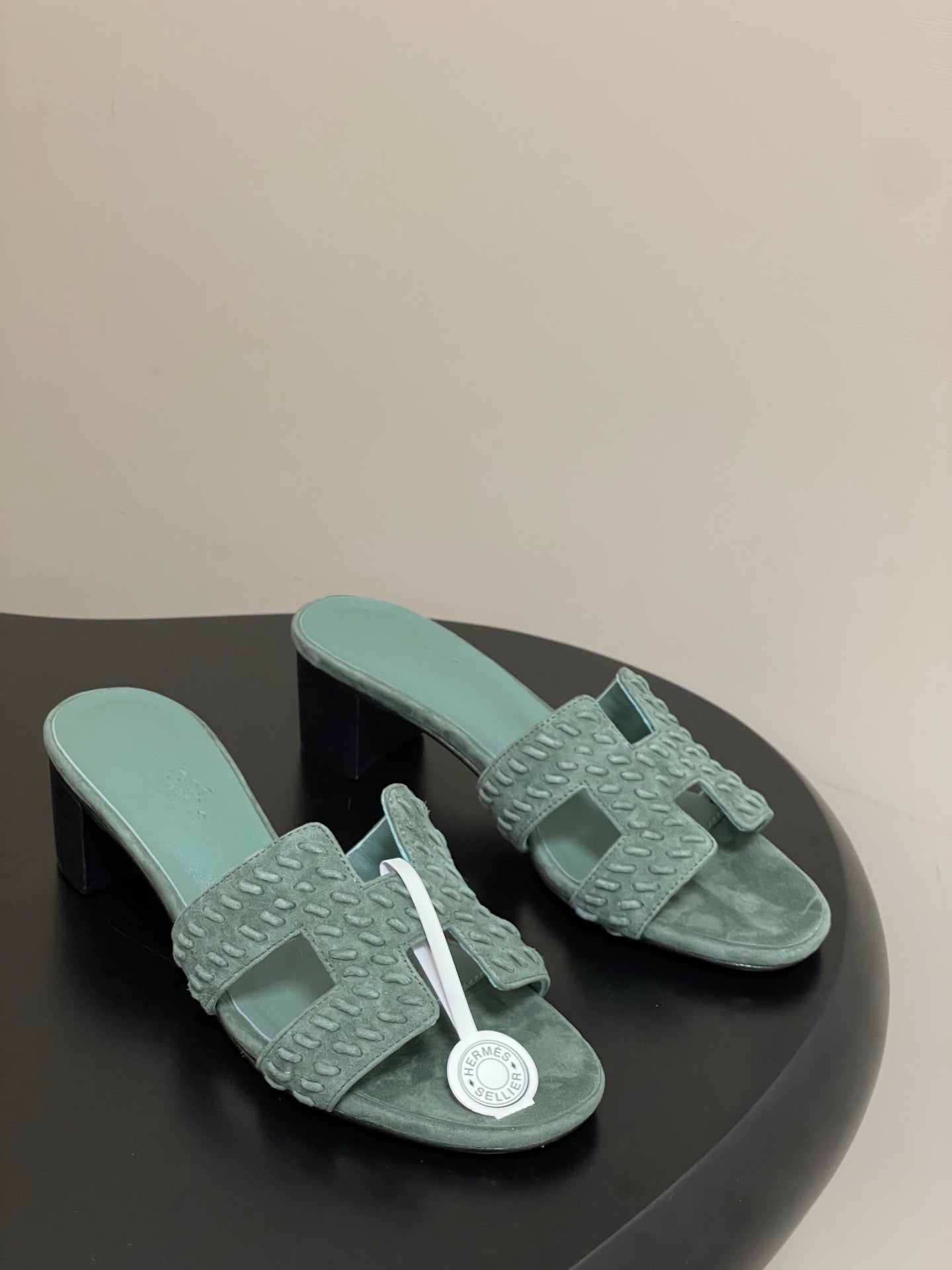 HERMES 25S ORAN HIGH‑HEEL SANDAL IN MUTED MINT GREEN SUEDE AND LAMBSKIN