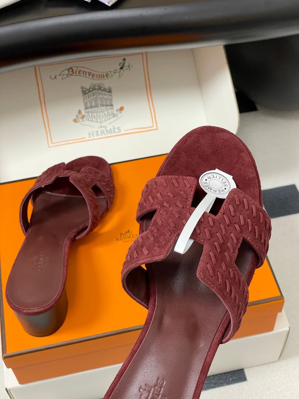 HERMES 25S ORAN HIGH‑HEEL SANDAL IN DARK RED SUEDE AND LAMBSKIN