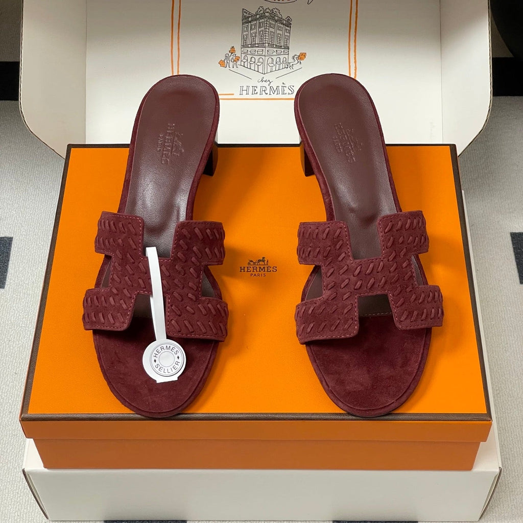 HERMES 25S ORAN HIGH‑HEEL SANDAL IN DARK RED SUEDE AND LAMBSKIN