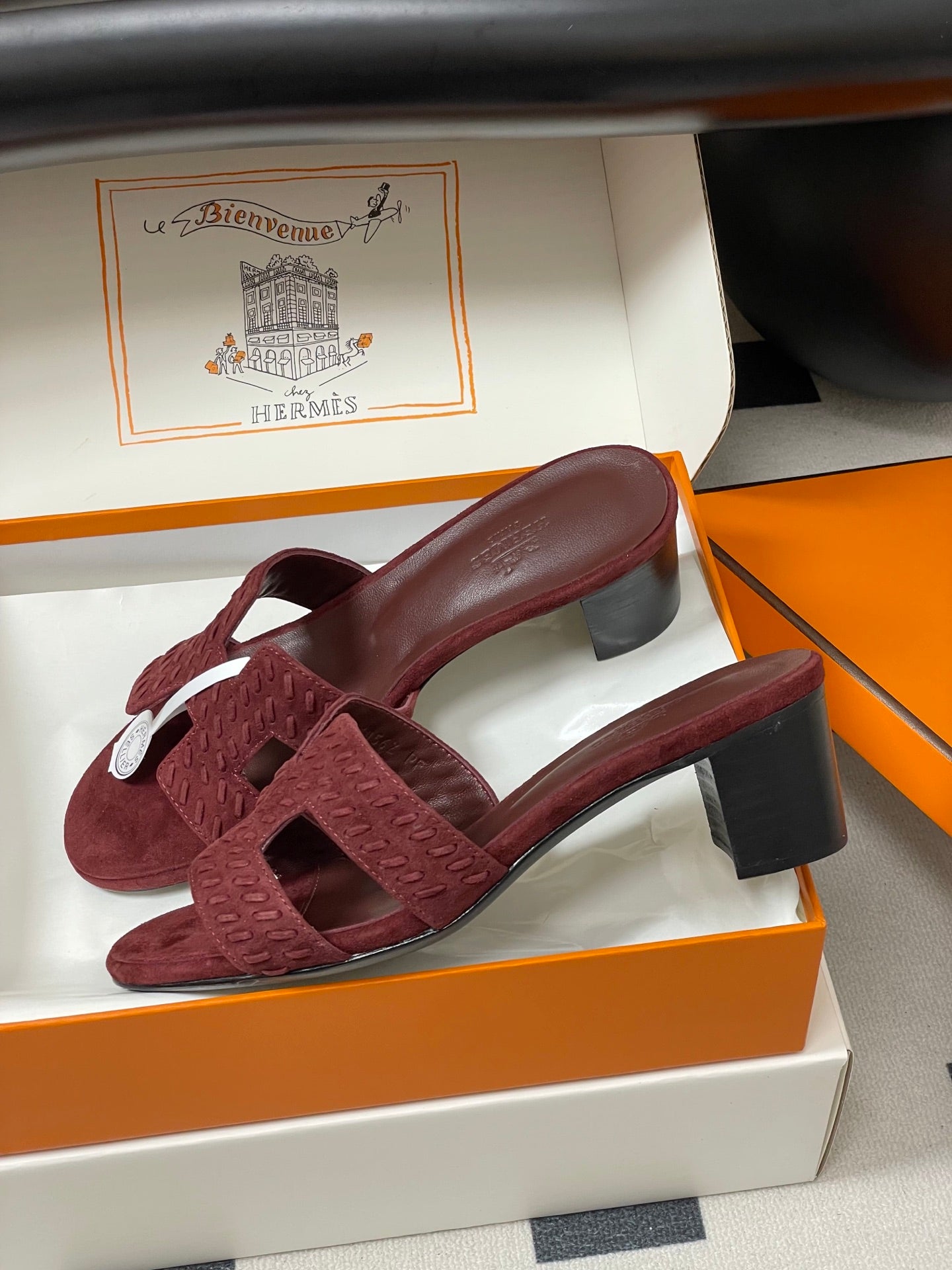 HERMES 25S ORAN HIGH‑HEEL SANDAL IN DARK RED SUEDE AND LAMBSKIN