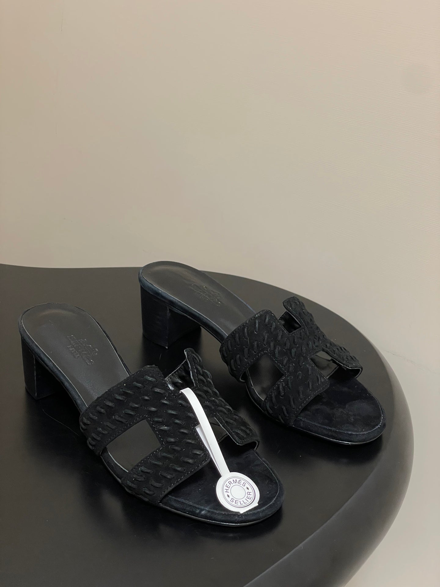 HERMES 25S ORAN HIGH‑HEEL SANDAL IN BLACK SUEDE AND LAMBSKIN