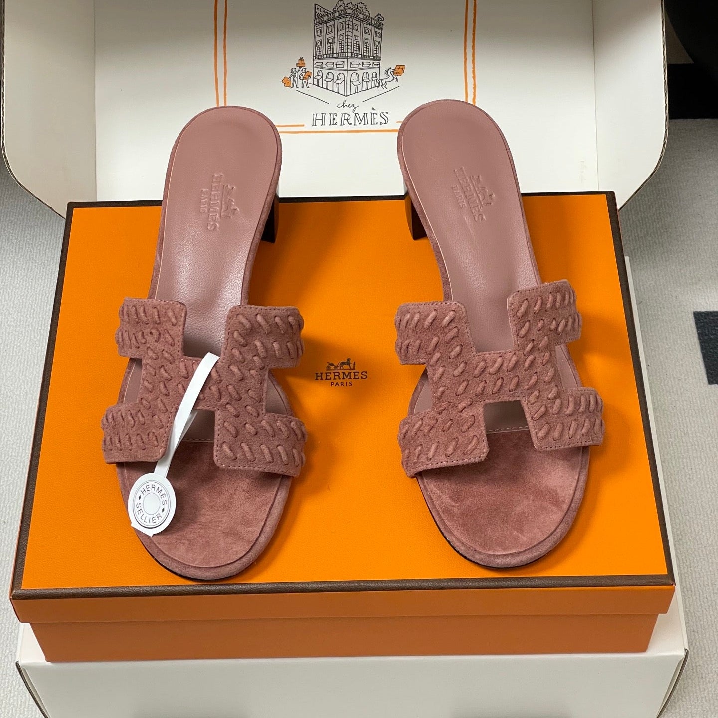 HERMES 25S ORAN HIGH‑HEEL SANDAL IN PEACHY PINK SUEDE AND LAMBSKIN