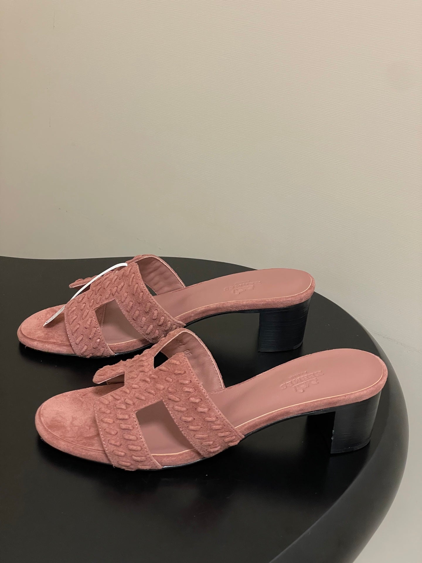HERMES 25S ORAN HIGH‑HEEL SANDAL IN PEACHY PINK SUEDE AND LAMBSKIN