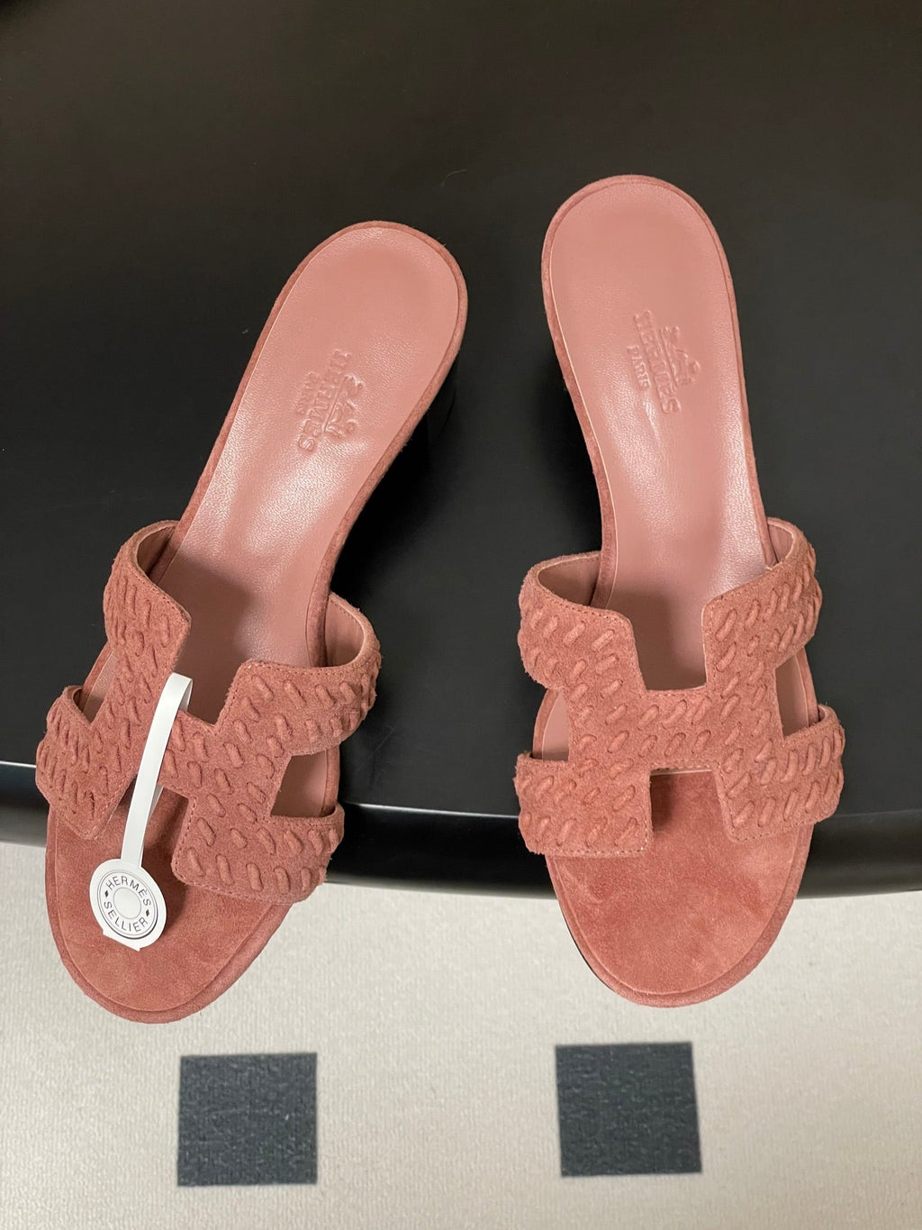 HERMES 25S ORAN HIGH‑HEEL SANDAL IN PEACHY PINK SUEDE AND LAMBSKIN