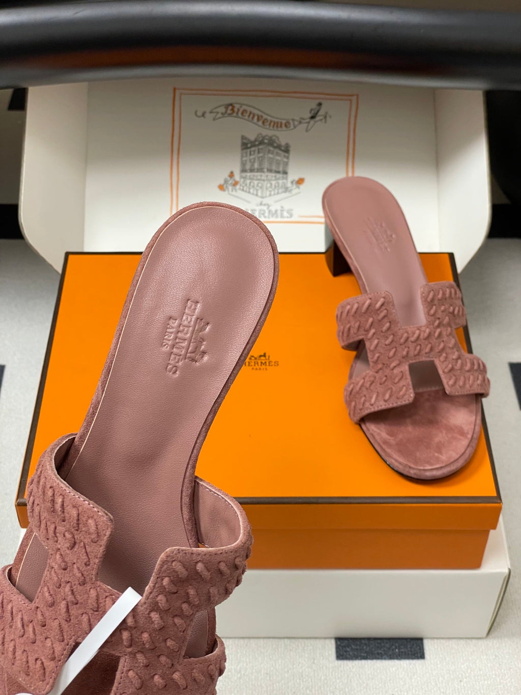 HERMES 25S ORAN HIGH‑HEEL SANDAL IN PEACHY PINK SUEDE AND LAMBSKIN