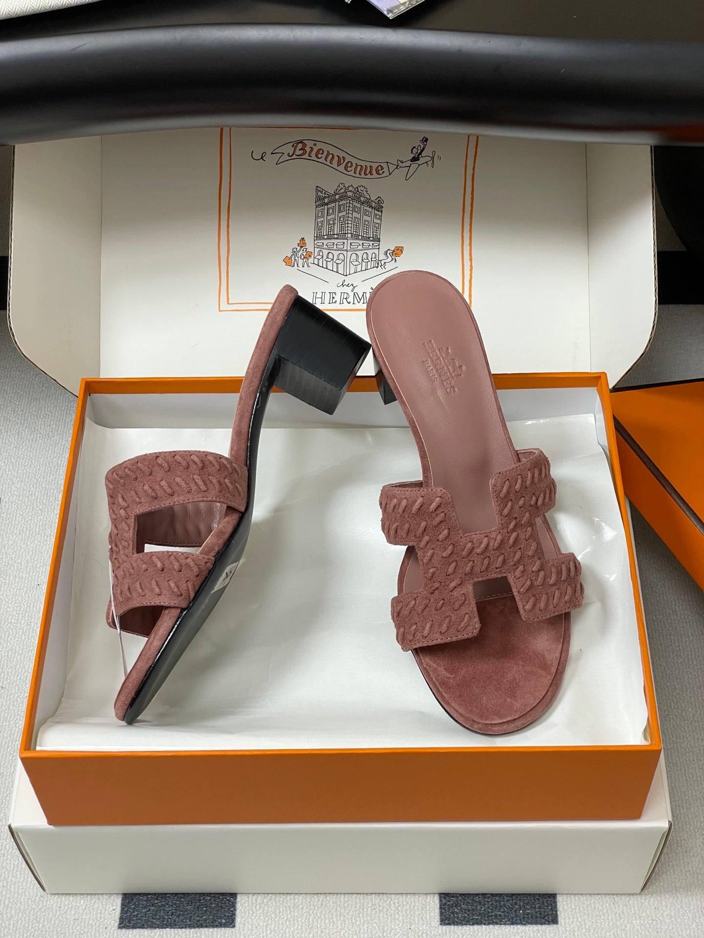 HERMES 25S ORAN HIGH‑HEEL SANDAL IN PEACHY PINK SUEDE AND LAMBSKIN