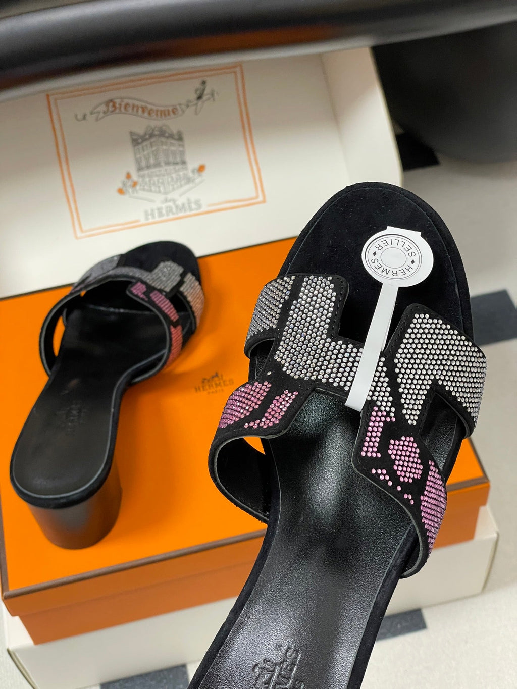 HERMES 25S ORAN HIGH‑HEEL SANDAL 50 MM IN BLACK LAMBSKIN WITH WHITE MIX PINK STONE DETAILS