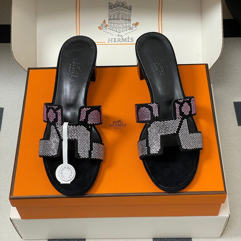HERMES 25S ORAN HIGH‑HEEL SANDAL 50 MM IN BLACK LAMBSKIN WITH WHITE MIX PINK STONE DETAILS