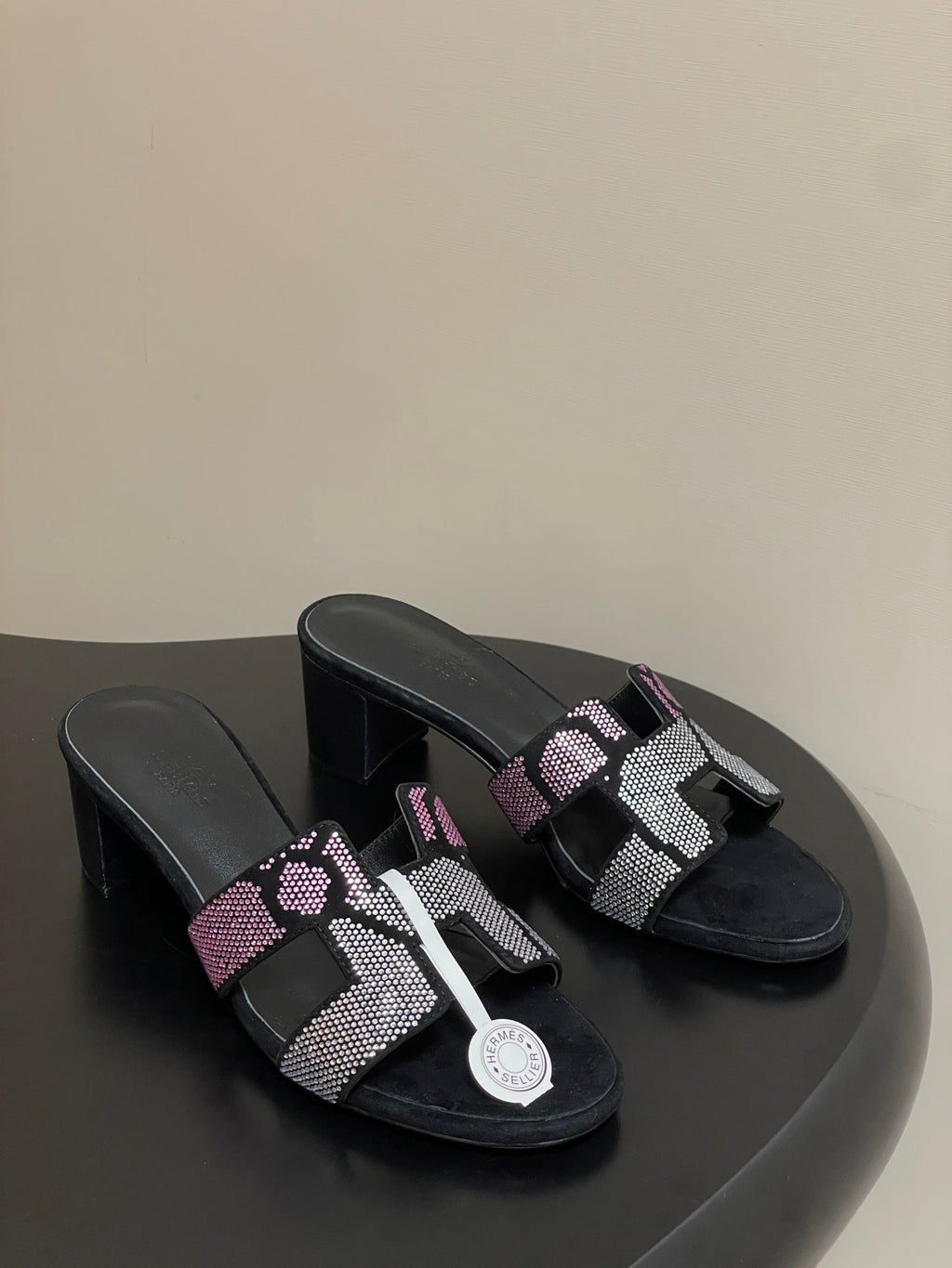 HERMES 25S ORAN HIGH‑HEEL SANDAL 50 MM IN BLACK LAMBSKIN WITH WHITE MIX PINK STONE DETAILS