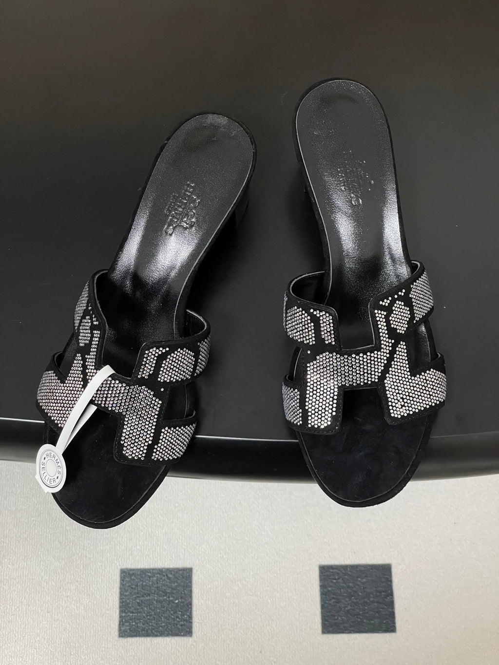 HERMES 25S ORAN HIGH‑HEEL SANDAL 50 MM IN BLACK LAMBSKIN WITH WHITE STONE DETAILS