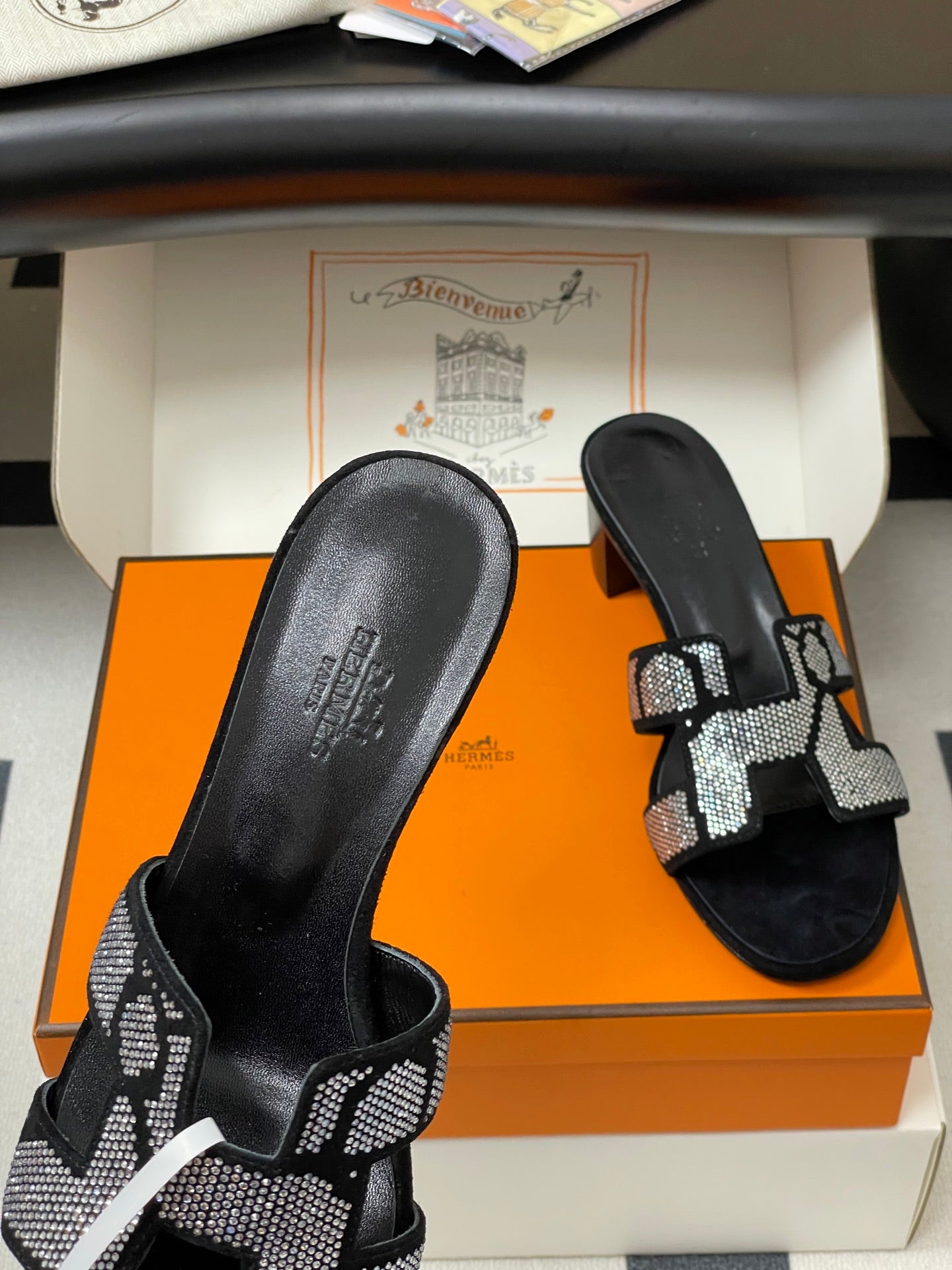 HERMES 25S ORAN HIGH‑HEEL SANDAL 50 MM IN BLACK LAMBSKIN WITH WHITE STONE DETAILS