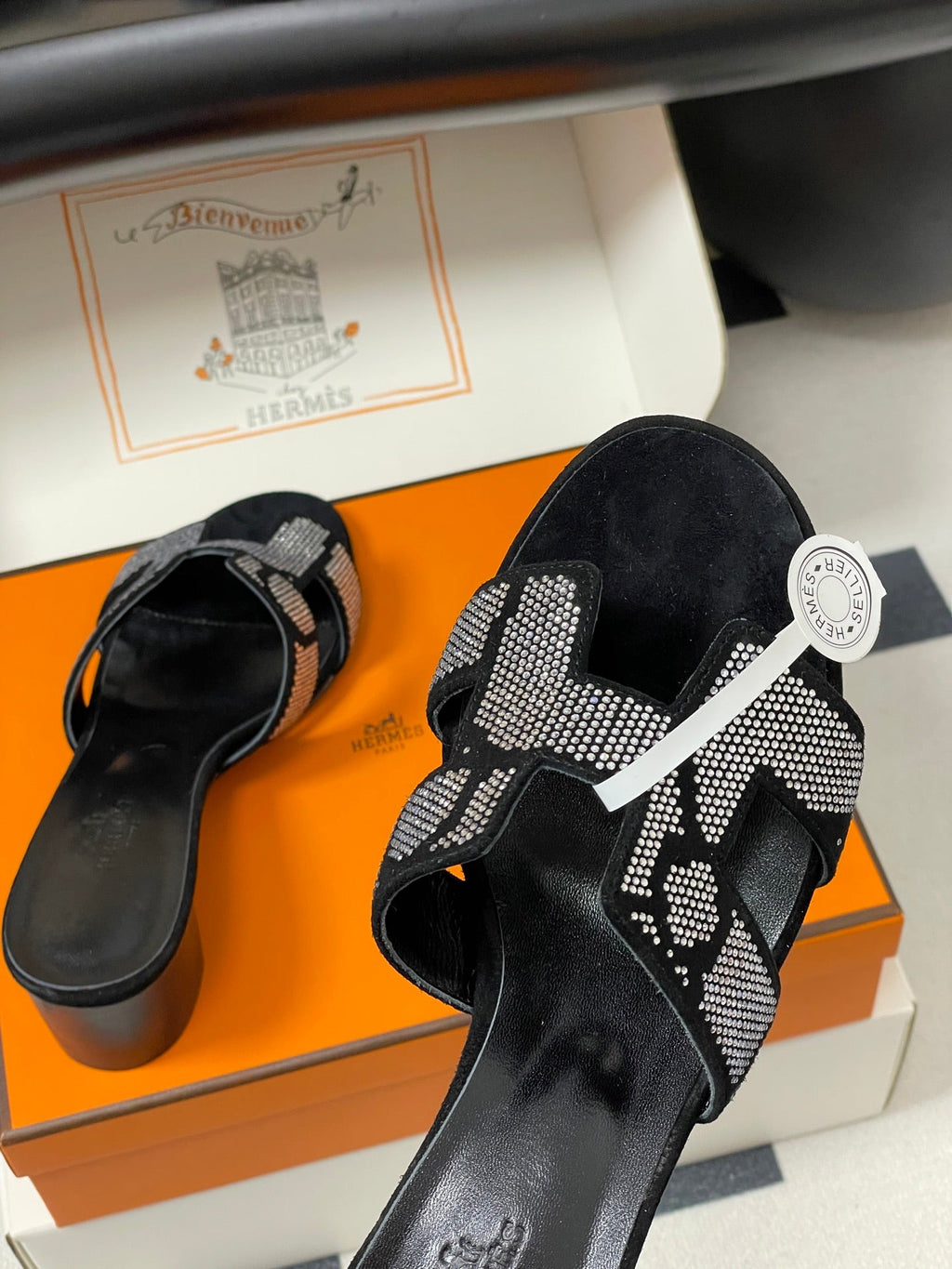 HERMES 25S ORAN HIGH‑HEEL SANDAL 50 MM IN BLACK LAMBSKIN WITH WHITE STONE DETAILS