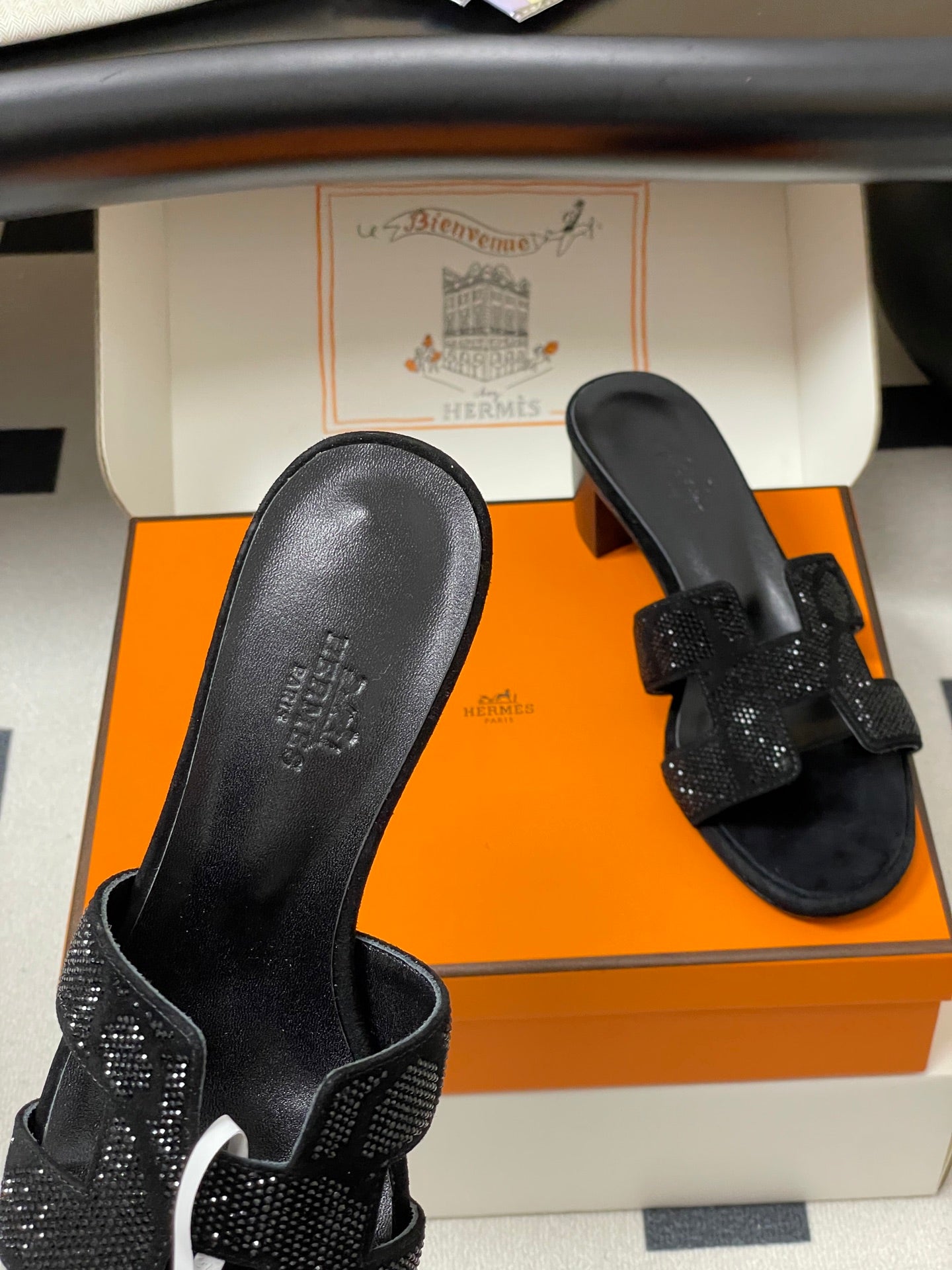 HERMES 25S ORAN HIGH‑HEEL SANDAL 50 MM IN BLACK LAMBSKIN WITH STONE DETAILS