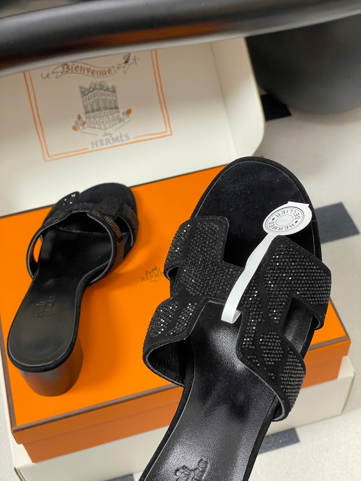 HERMES 25S ORAN HIGH‑HEEL SANDAL 50 MM IN BLACK LAMBSKIN WITH STONE DETAILS