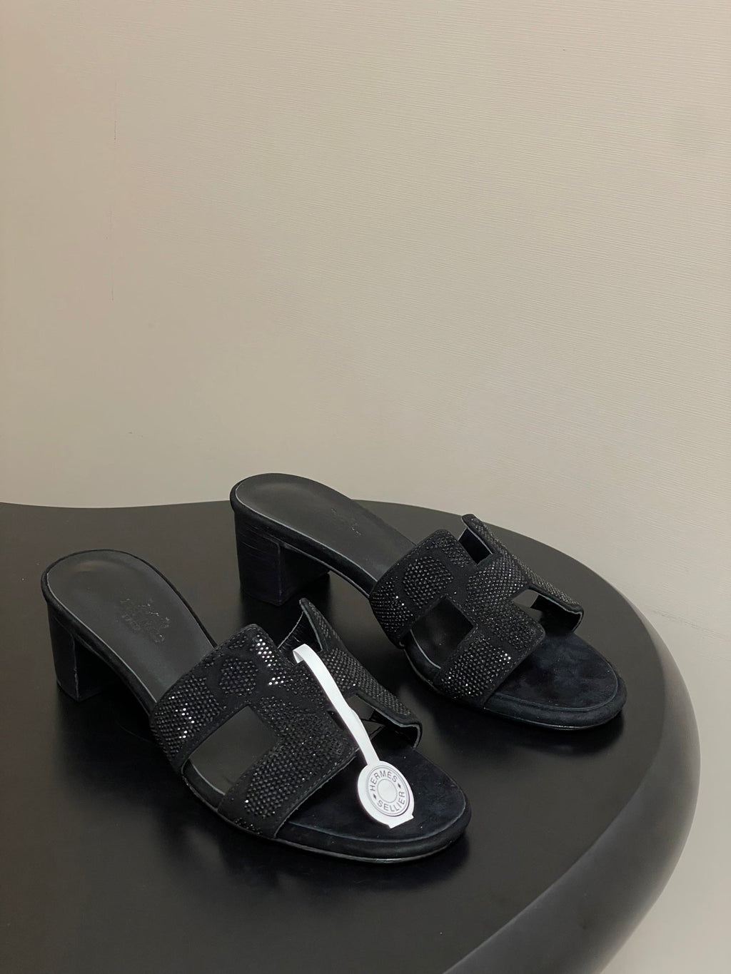 HERMES 25S ORAN HIGH‑HEEL SANDAL 50 MM IN BLACK LAMBSKIN WITH STONE DETAILS