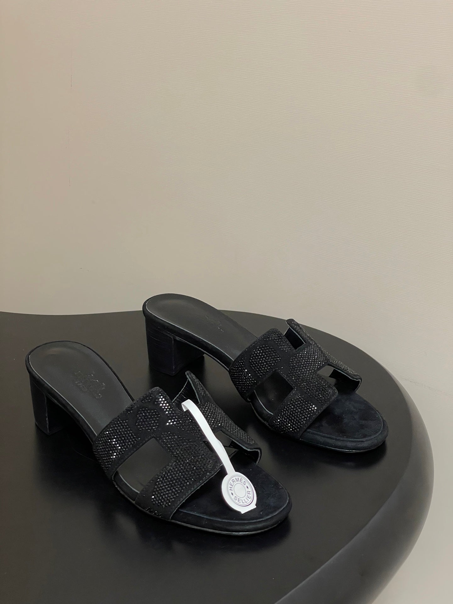 HERMES 25S ORAN HIGH‑HEEL SANDAL 50 MM IN BLACK LAMBSKIN WITH STONE DETAILS