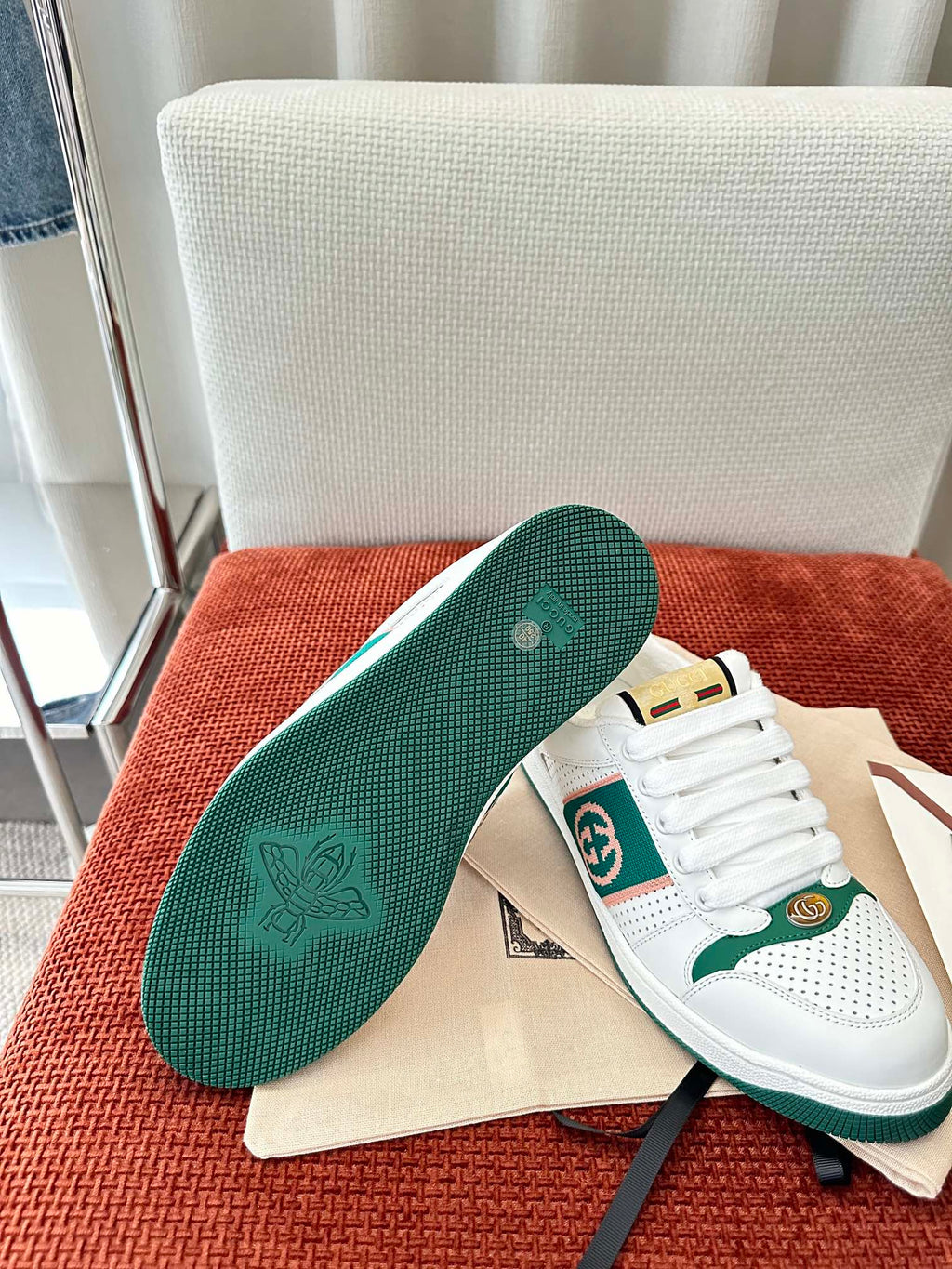 GUCCI SCREENER SNEAKER WHITE AND DARK GREEN CALFSKIN