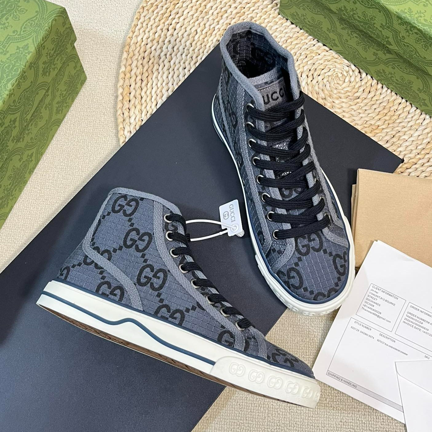 GUCCI Tennis 1977 High Top Sneaker  Black Grey Caro