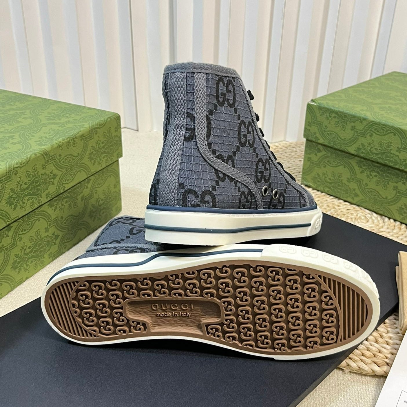 GUCCI Tennis 1977 High Top Sneaker  Black Grey Caro