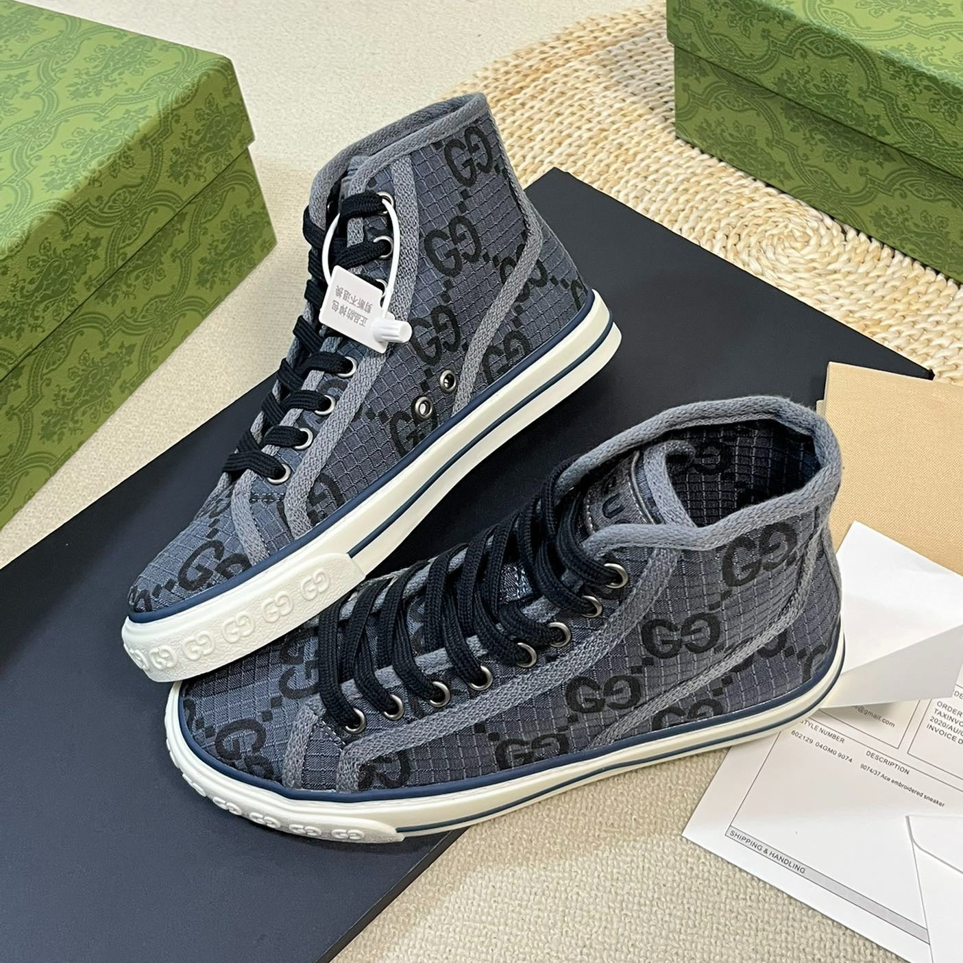 GUCCI Tennis 1977 High Top Sneaker  Black Grey Caro