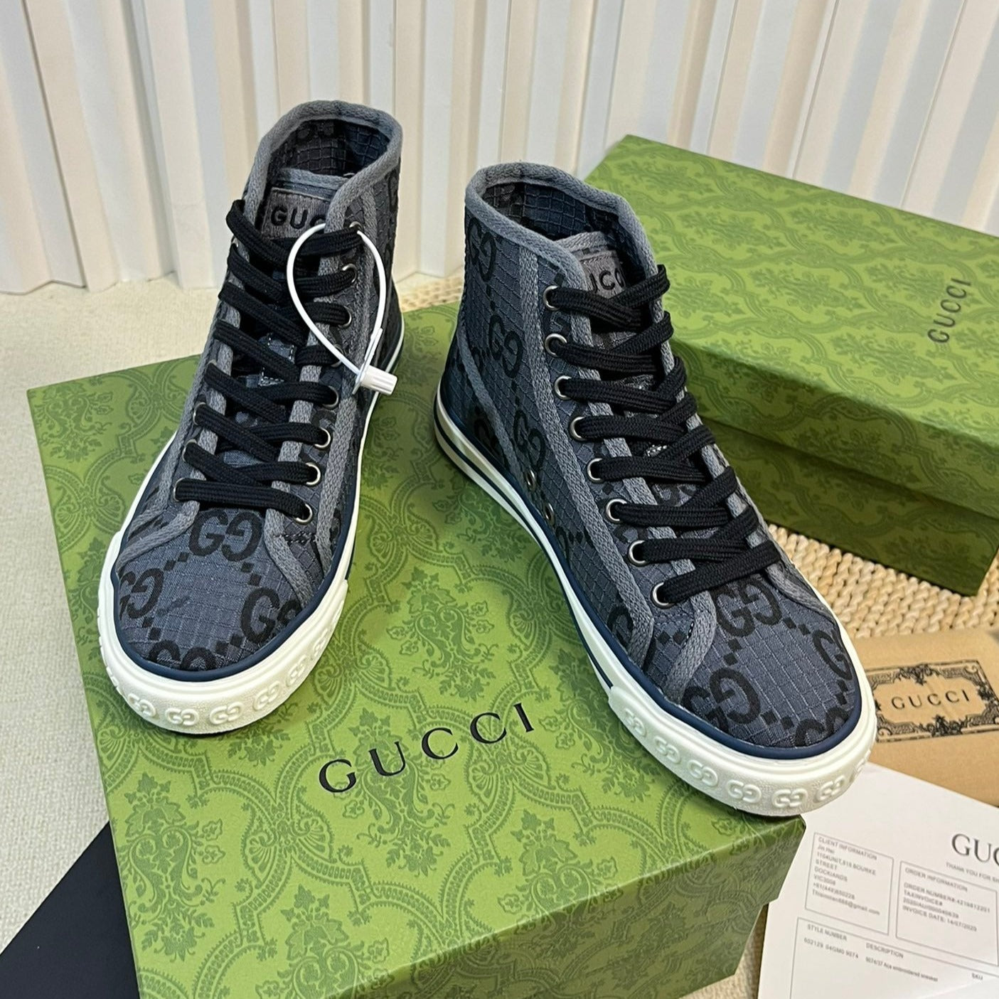 GUCCI Tennis 1977 High Top Sneaker  Black Grey Caro