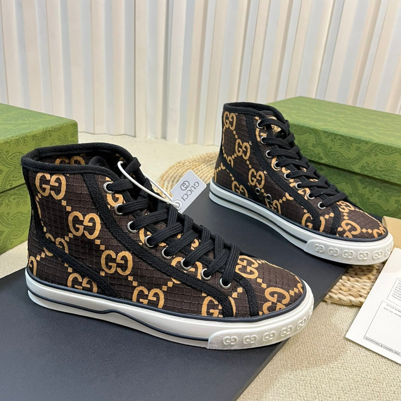 GUCCI Tennis 1977 High Top Sneaker  Black Brown Caro
