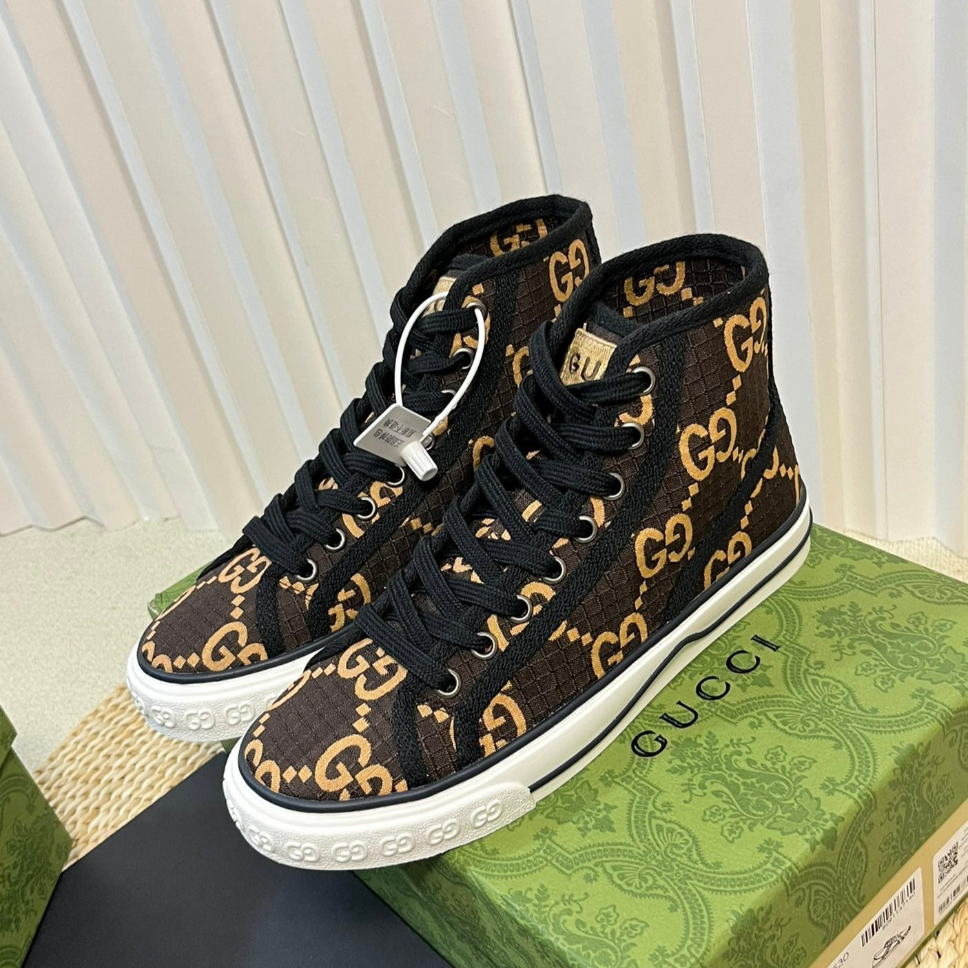 GUCCI Tennis 1977 High Top Sneaker  Black Brown Caro