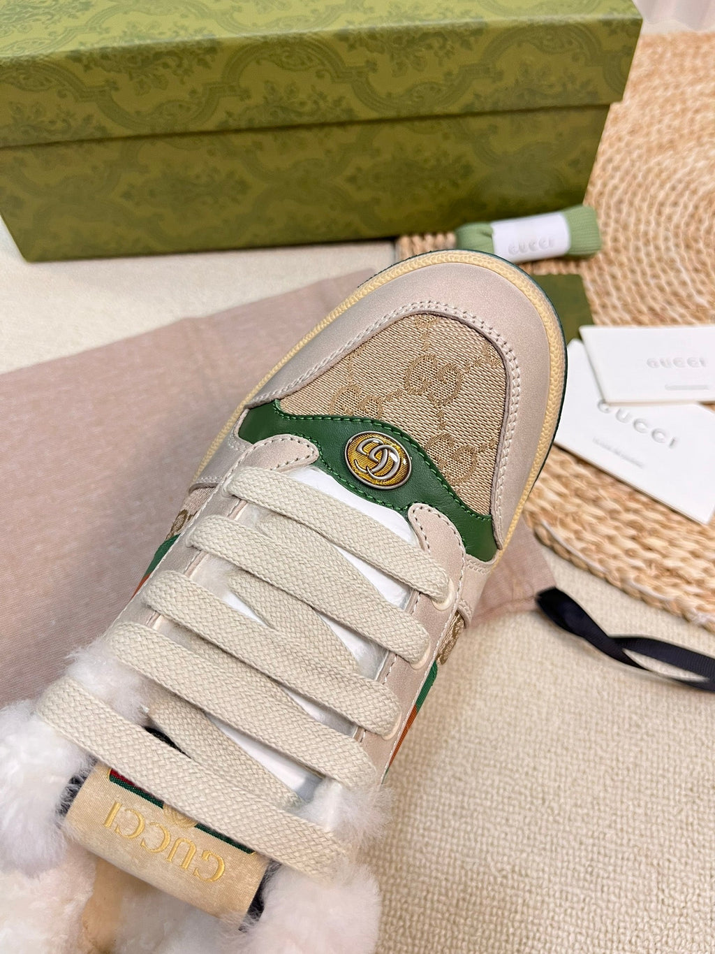 GUCCI SNEAKER WITH WEB IN BEIGE GREEN FABRIC MIX SUEDE AND LAMB WOOL LINING