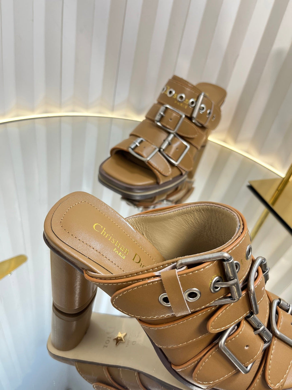 DIOR PUNK HEEL SLIDES 25S 80MM IN BROWN CALFSKIN