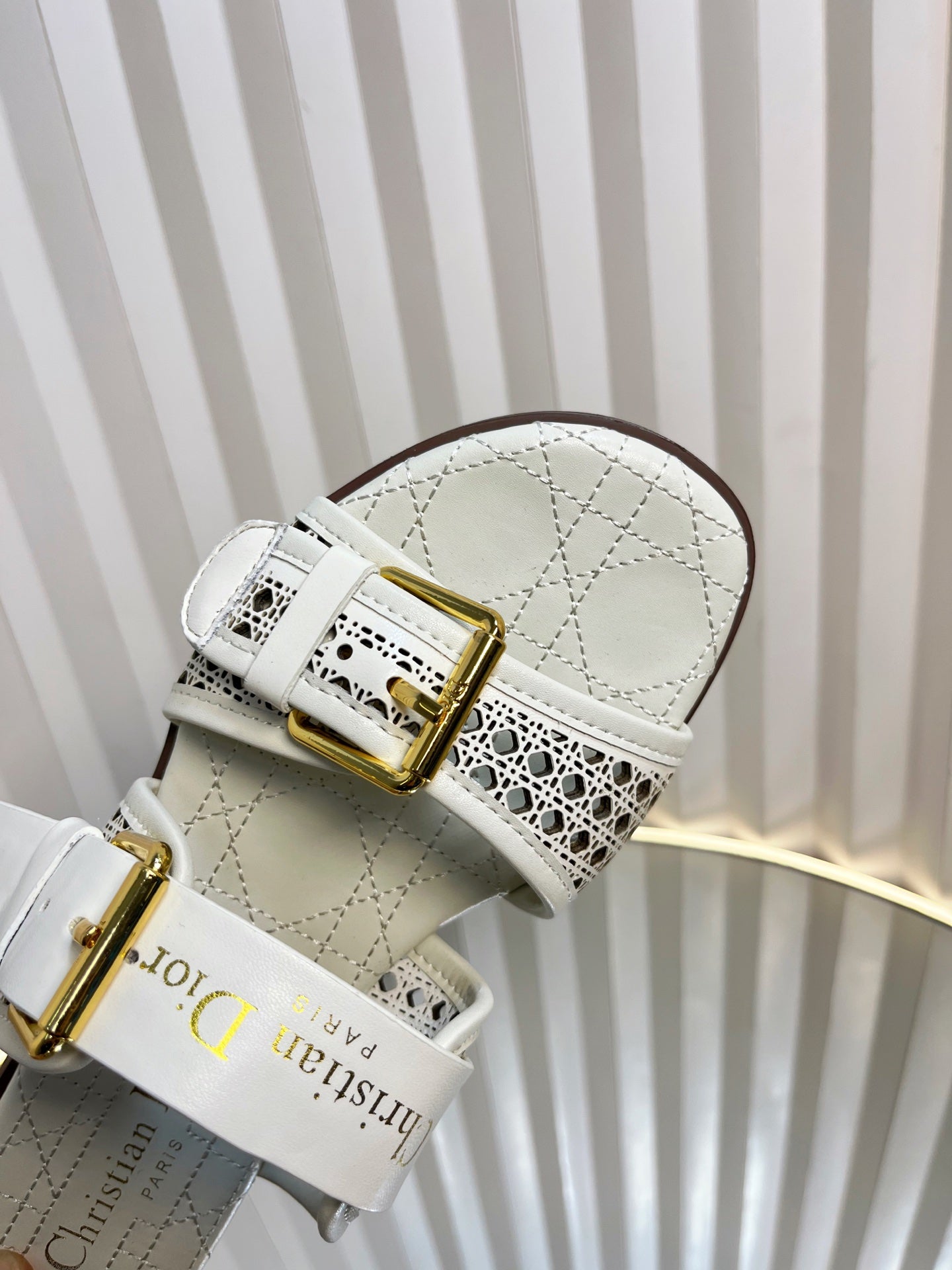 DIOR D-AVENUE SLIDES 25S IN WHITE CALFSKIN MICRO CANNAGE MOTIF