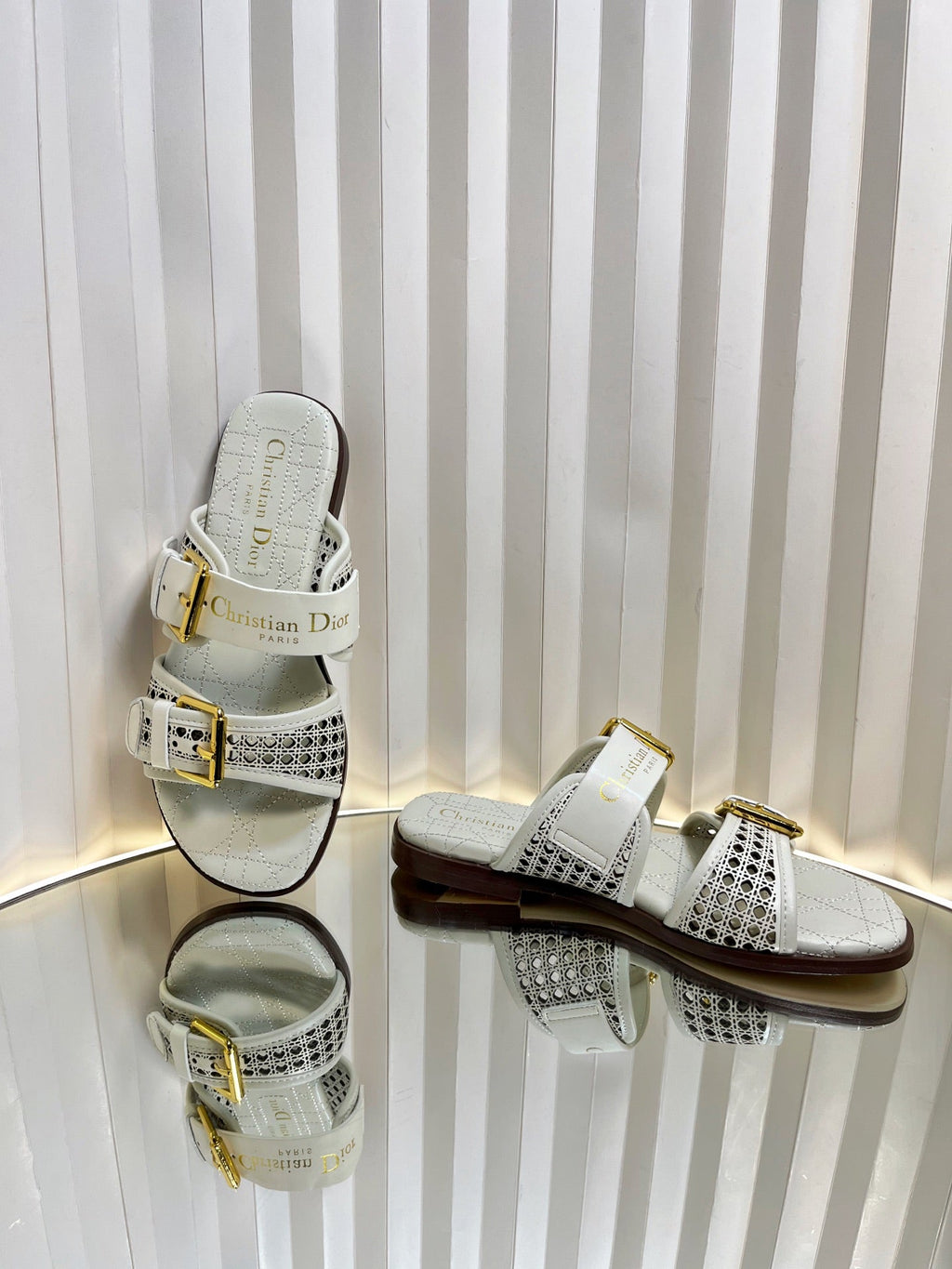 DIOR D-AVENUE SLIDES 25S IN WHITE CALFSKIN MICRO CANNAGE MOTIF