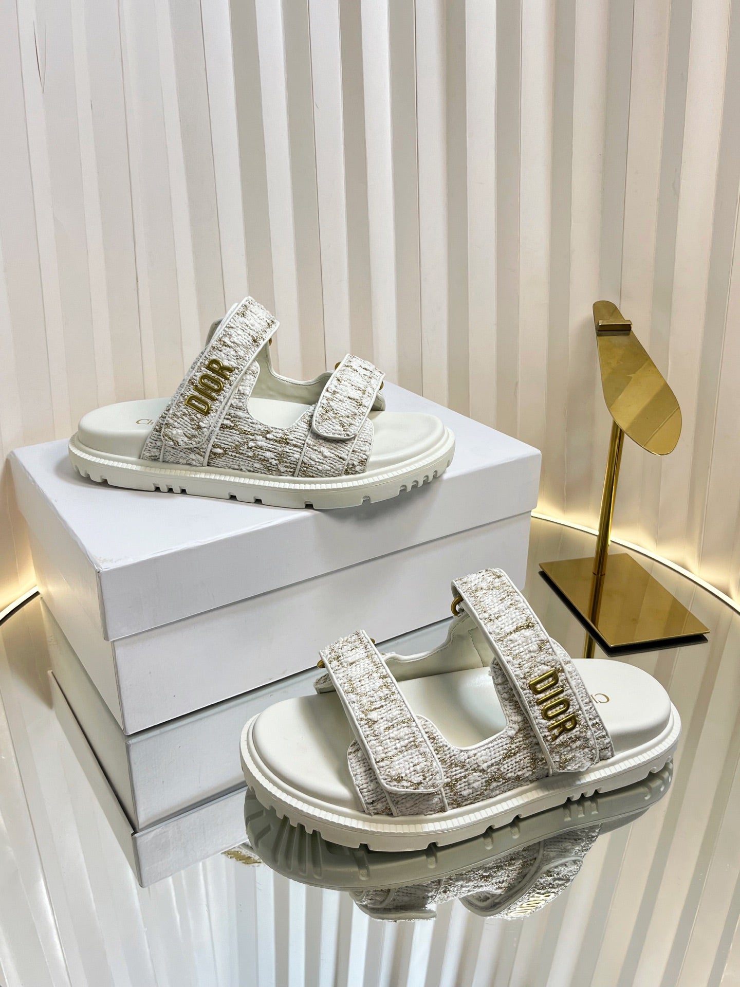 DIOR ACT SLIDES 25MM IN WHITE AND GOLD TWEED