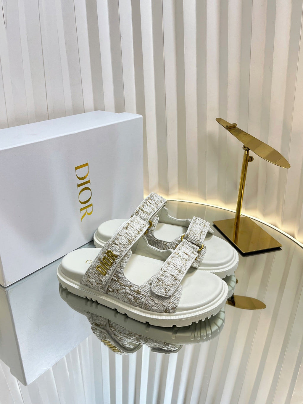 DIOR ACT SLIDES 25MM IN WHITE AND GOLD TWEED