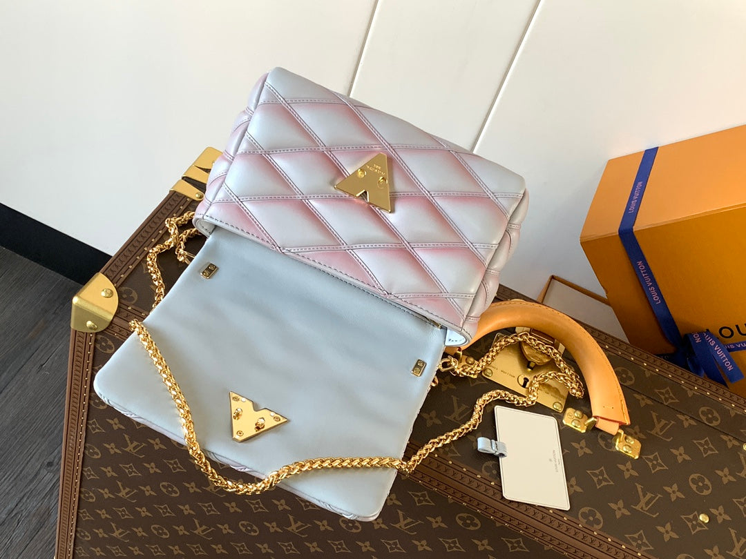 LOUIS VUITTON LV 25S GO-14 MM 23 IN LAVENDER GRAY QUILTED LAMBSKIN GOLD HARDWRE