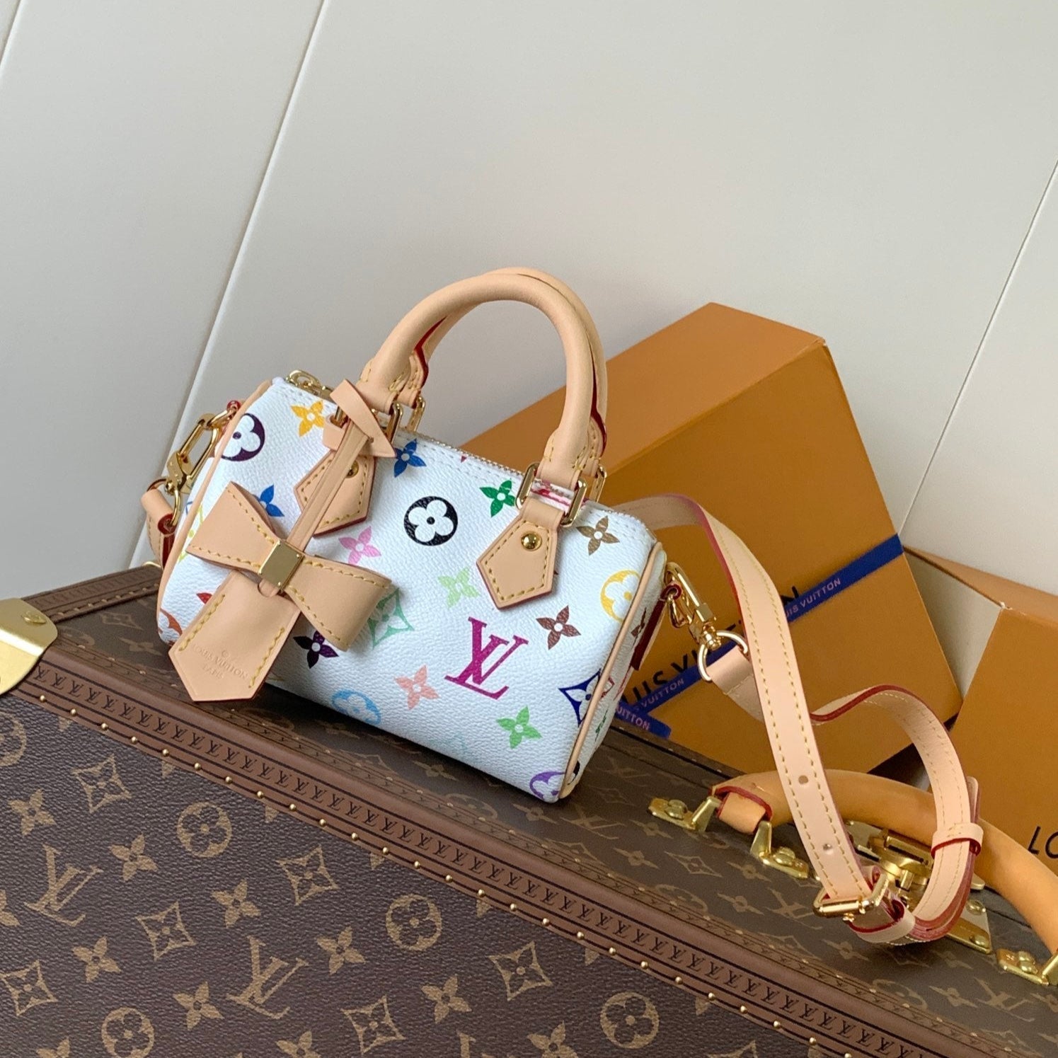 LOUIS VUITTON NANO SPEEDY BAG 16 IN COLORFUL MONOGRAM PATTERN AND WHITE COATED CANVAS