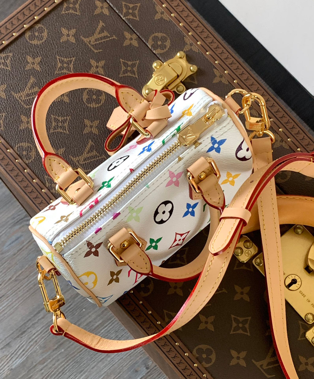 LOUIS VUITTON NANO SPEEDY BAG 16 IN COLORFUL MONOGRAM PATTERN AND WHITE COATED CANVAS