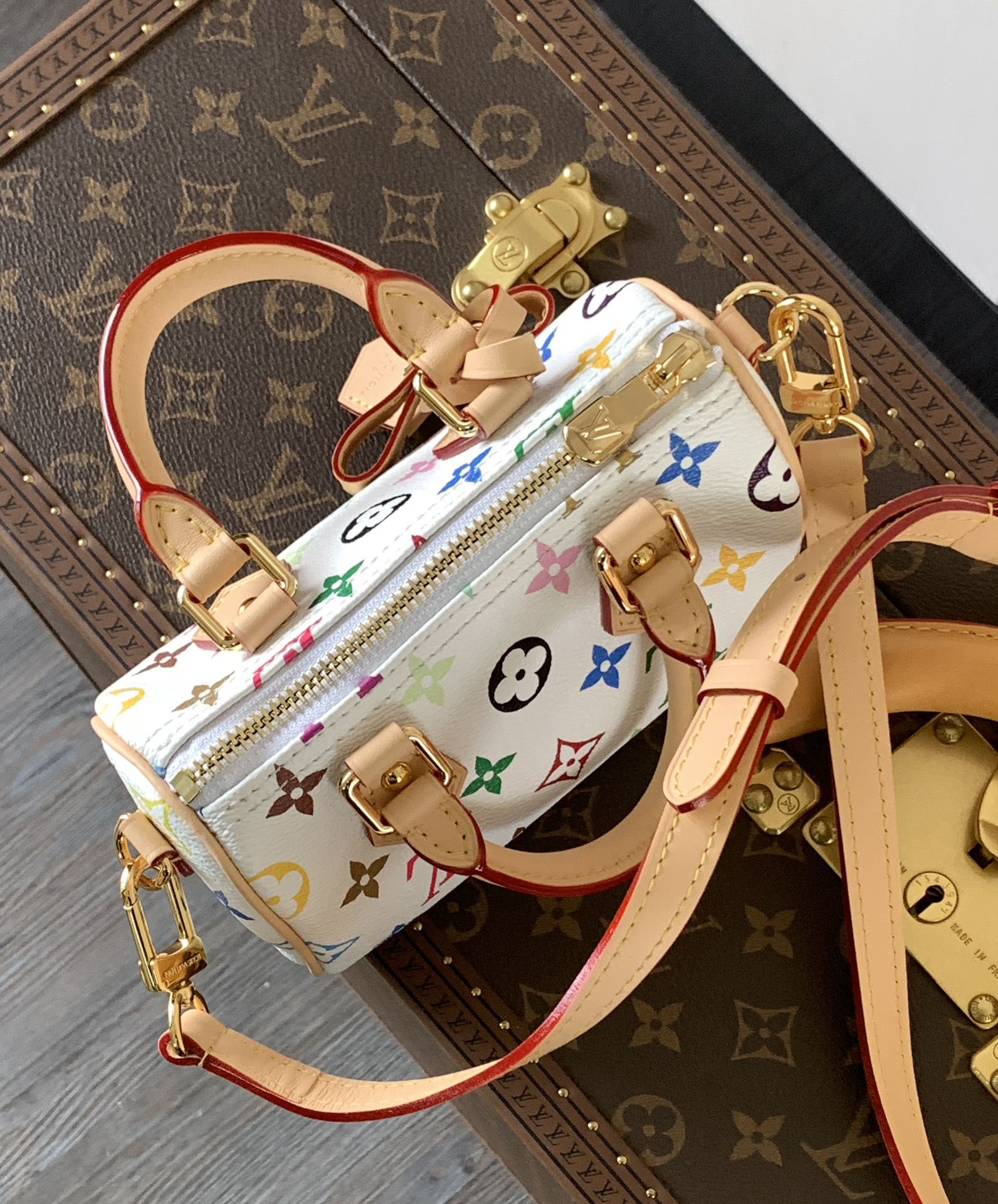 LOUIS VUITTON NANO SPEEDY BAG 16 IN COLORFUL MONOGRAM PATTERN AND WHITE COATED CANVAS