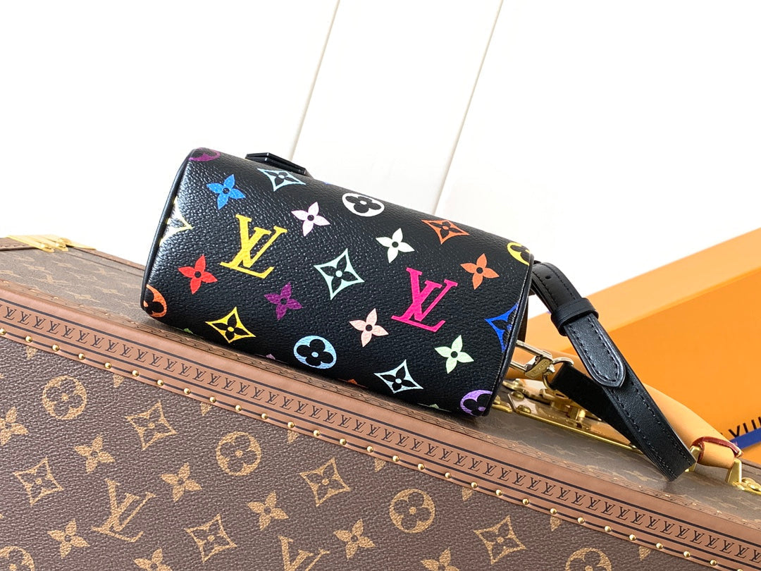 LOUIS VUITTON NANO SPEEDY BAG 16 IN COLORFUL MONOGRAM PATTERN AND BLACK COATED CANVAS