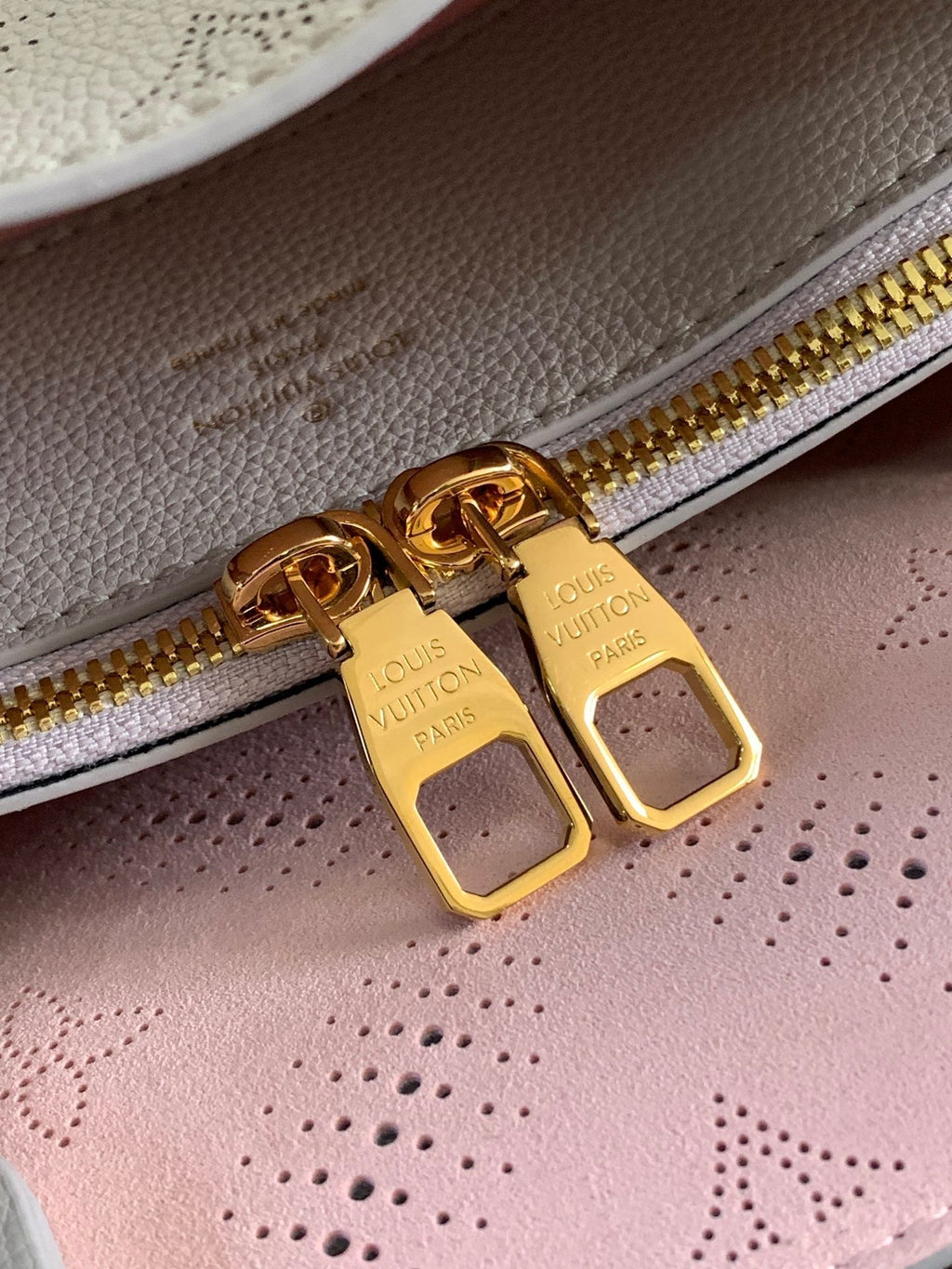 LOUIS VUITTON LV 25S BELLA TOTE BAG 32 IN PINK GREY PERFORATED MAHINA CALFSKIN