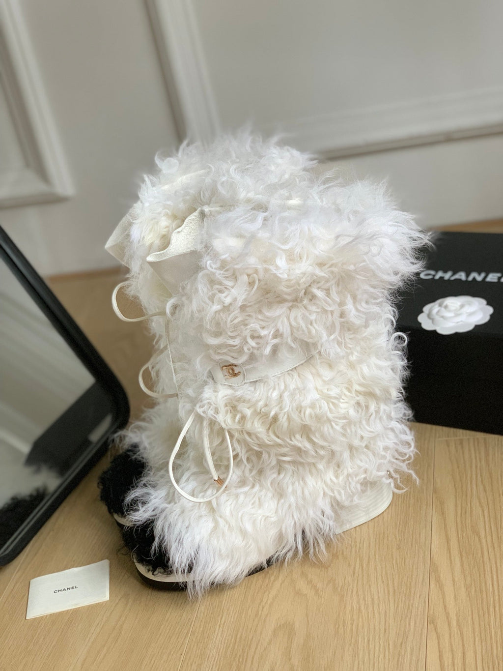 CHANEL ANKLE HIGH BOOTS IN WHITE MIX BLACK WOOL FUR