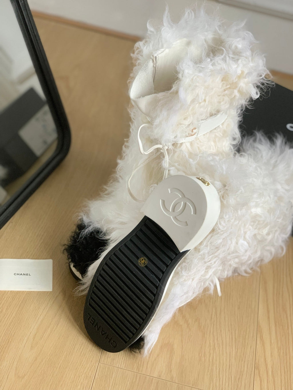 CHANEL ANKLE HIGH BOOTS IN WHITE MIX BLACK WOOL FUR
