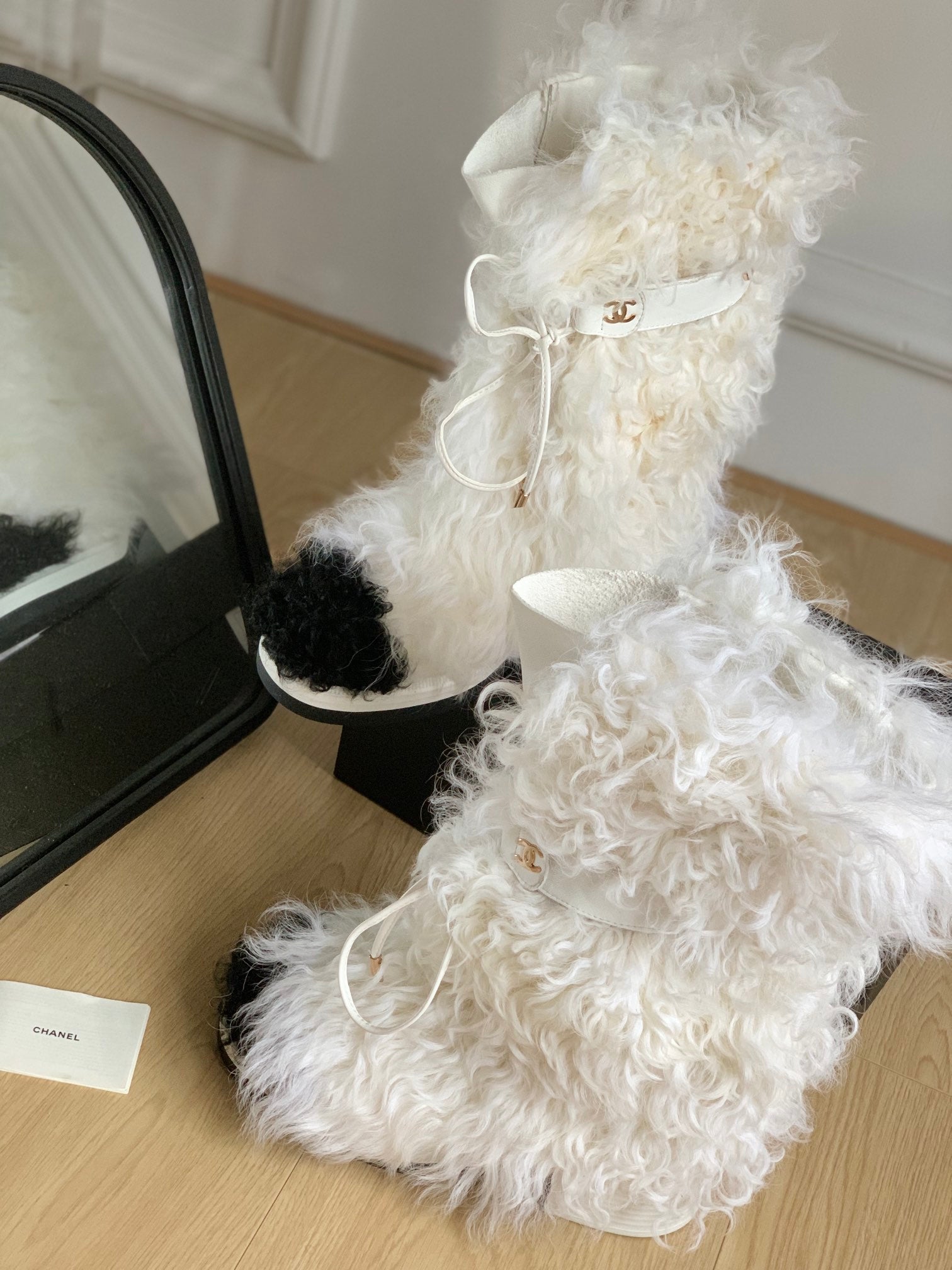CHANEL ANKLE HIGH BOOTS IN WHITE MIX BLACK WOOL FUR